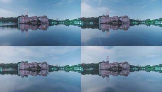 广州流花湖公园湖畔欧式古堡建筑夜景延时高清在线视频素材下载