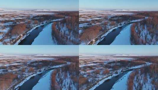 航拍冬日雪原丛林河流高清在线视频素材下载