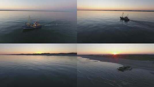 清晨大海渔船出海打渔高清在线视频素材下载