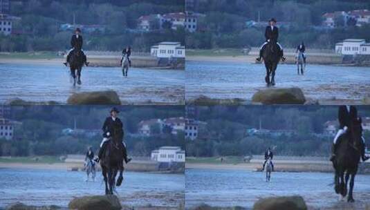 威海日落湾沙滩上策马奔腾的骑手高清在线视频素材下载