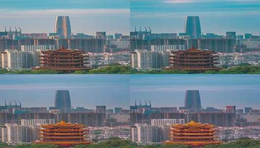 武汉黄鹤楼和绿地中心日转夜亮灯风景延时高清在线视频素材下载