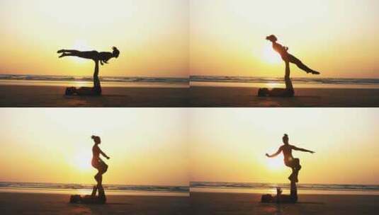 夕阳下两人在沙滩练习瑜伽高清在线视频素材下载
