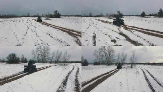 骑在沙滩上的女人穿过雪景侧视图高清在线视频素材下载