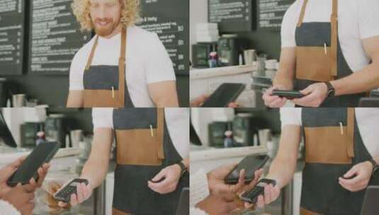 多样化的男性咖啡师和女性顾客在咖啡馆用智能手机付款高清在线视频素材下载