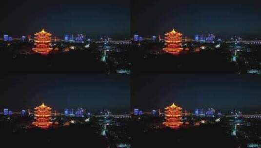 武汉黄鹤楼夜景航拍城市夜晚古建筑黑夜风光高清在线视频素材下载