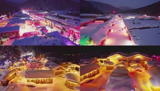 中国黑龙江雪乡夜景航拍合集高清在线视频素材下载