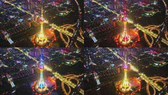 中国河南郑州中原福塔夜景航拍高清在线视频素材下载
