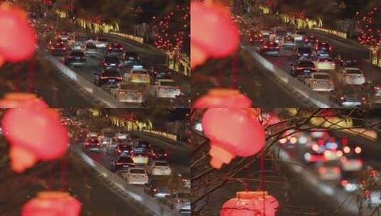 城市街道车流新年灯笼高清在线视频素材下载