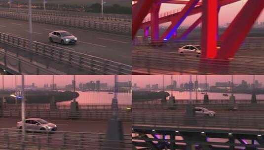 黄昏下的汽车行驶在跨江大桥上高清在线视频素材下载