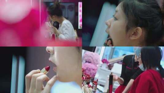 商场化妆品专柜试用化妆品的女孩高清在线视频素材下载