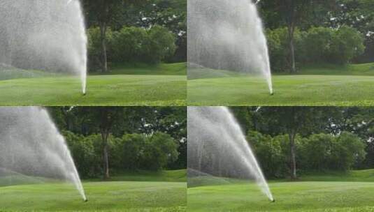 绿色高尔夫球场高压自动喷水装置高清在线视频素材下载
