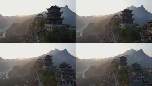 江西望仙谷悬崖瀑布亭台楼阁日出美景高清在线视频素材下载