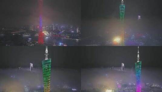 广州塔暴雨后平流雾穿云夜景航拍4K视频高清在线视频素材下载