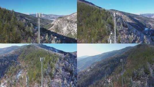 雪山中4G 5G蜂窝塔的鸟瞰图高清在线视频素材下载