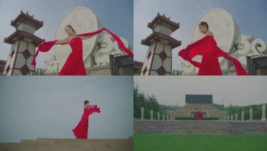 女孩在赵王城遗址公园跳舞高清在线视频素材下载