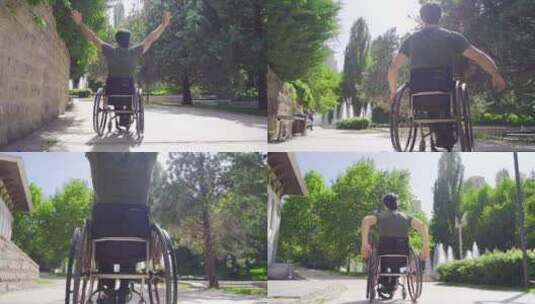 坐在轮椅上的残疾人在路上行走。高清在线视频素材下载