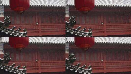 武当山紫霄宫古建筑房檐脊兽雪景红色背景高清在线视频素材下载