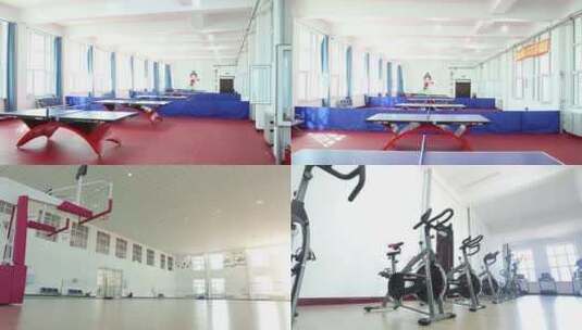 体育馆室内篮球场乒乓球台跑步机健身器材高清在线视频素材下载