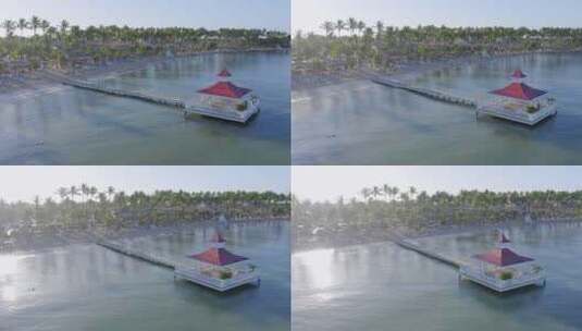 加勒比海田园诗般的海滩上的凉亭，巴伊亚普林西比岛大；无人机高清在线视频素材下载