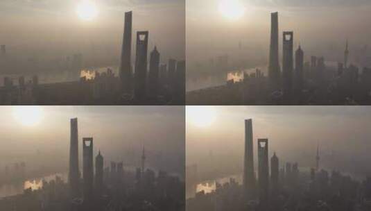 上海陆家嘴傍晚夕阳三件套航拍高清在线视频素材下载
