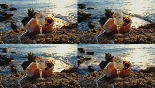 海边的酒杯水果篮空镜高清在线视频素材下载