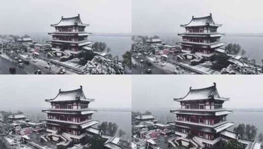 长沙城市大雪纷飞杜甫江阁雪景高清在线视频素材下载