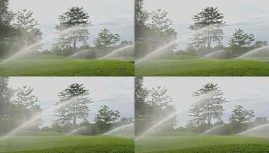 绿色高尔夫球场高压自动喷水装置高清在线视频素材下载