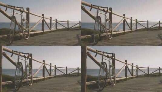自行车停在海滩附近的木板路上高清在线视频素材下载