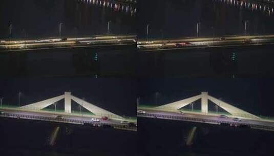 【4K】夜晚城市江面大桥车辆行驶远景高清在线视频素材下载