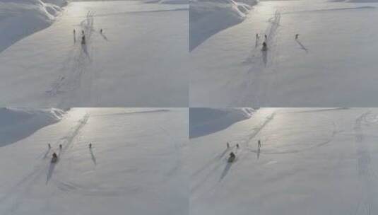 雪地上的滑雪板拉滑雪鸟瞰图高清在线视频素材下载