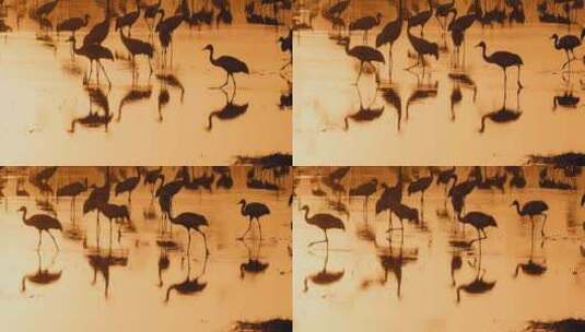 夕阳下的沼泽水鸟群高清在线视频素材下载