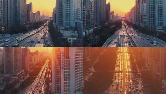 城市夕阳下繁忙道路上行驶的汽车高清在线视频素材下载