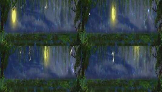 夜色白鹭 夜景 垂杨柳 月色迷雾高清在线视频素材下载