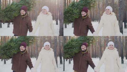 男人扛着圣诞树牵着妻子在森林高清在线视频素材下载