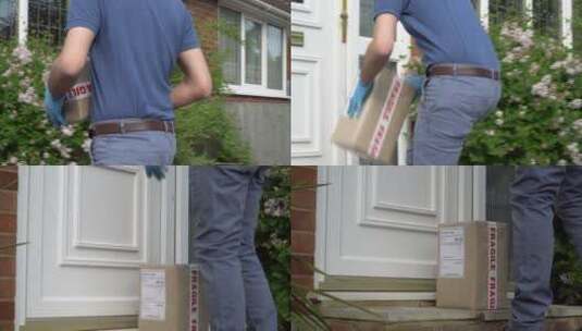 男快递员把包裹放在客户门口高清在线视频素材下载