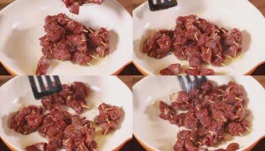 炒烤肉炒制牙签肉高清在线视频素材下载