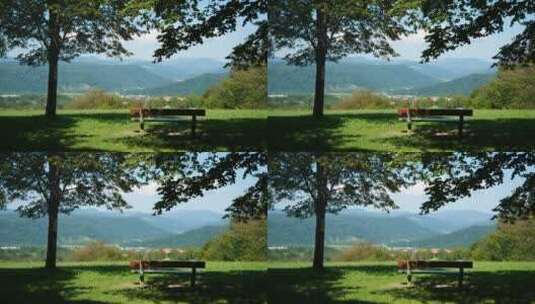 空空的木椅前方碧绿的群山高清在线视频素材下载