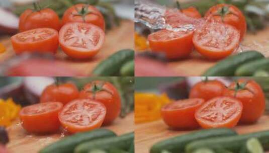 泼洗切开番茄西红柿的瞬间高清在线视频素材下载