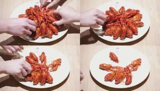 一起拿小龙虾上桌光盘油焖清蒸美食聚餐高清在线视频素材下载
