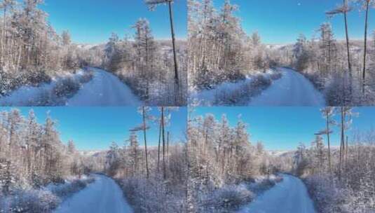 航拍林海雪原雪林山路高清在线视频素材下载