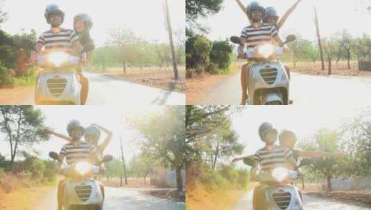 年轻夫妇沿着乡村公路骑摩托车高清在线视频素材下载