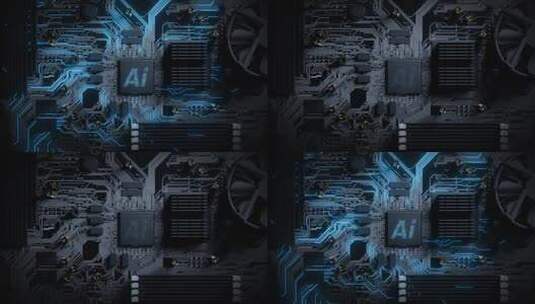 计算机主板上微芯片上的发光蓝色 Ai 数据高清在线视频素材下载