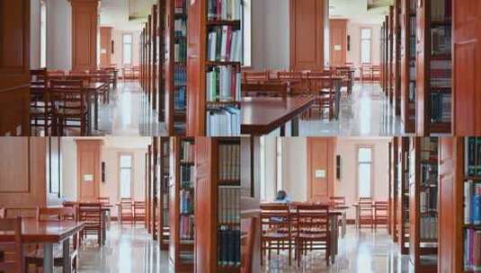 图书馆馆内书架桌椅特写高清在线视频素材下载