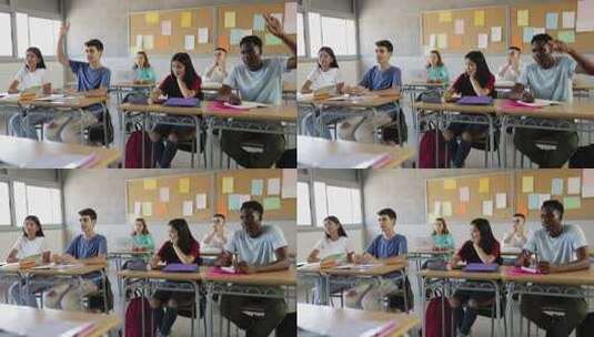 多种族青少年学生在课堂上举手高清在线视频素材下载