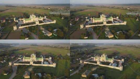 空中拍摄村庄Mezhyrich。Upc的圣三一修道院。乌克兰高清在线视频素材下载
