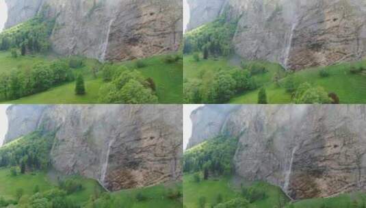 瑞士伯尔尼阿尔卑斯山劳特布伦嫩山谷的瀑布——空中拍摄高清在线视频素材下载