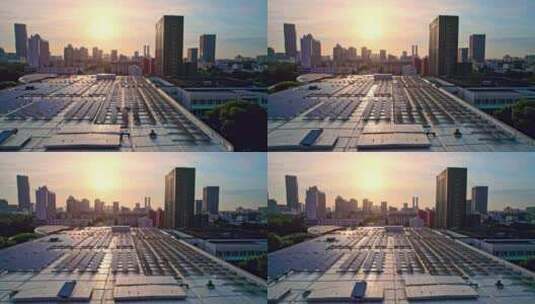 城市日出屋顶太阳能板光伏高清在线视频素材下载