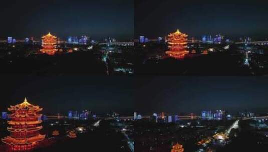 武汉黄鹤楼夜景航拍城市夜晚古建筑黑夜风光高清在线视频素材下载