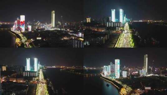湖南长沙湘江路CBD交通夜景航拍高清在线视频素材下载