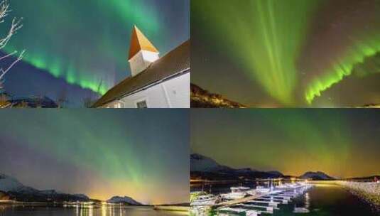 挪威塞尼亚岛教堂和码头极光高清在线视频素材下载